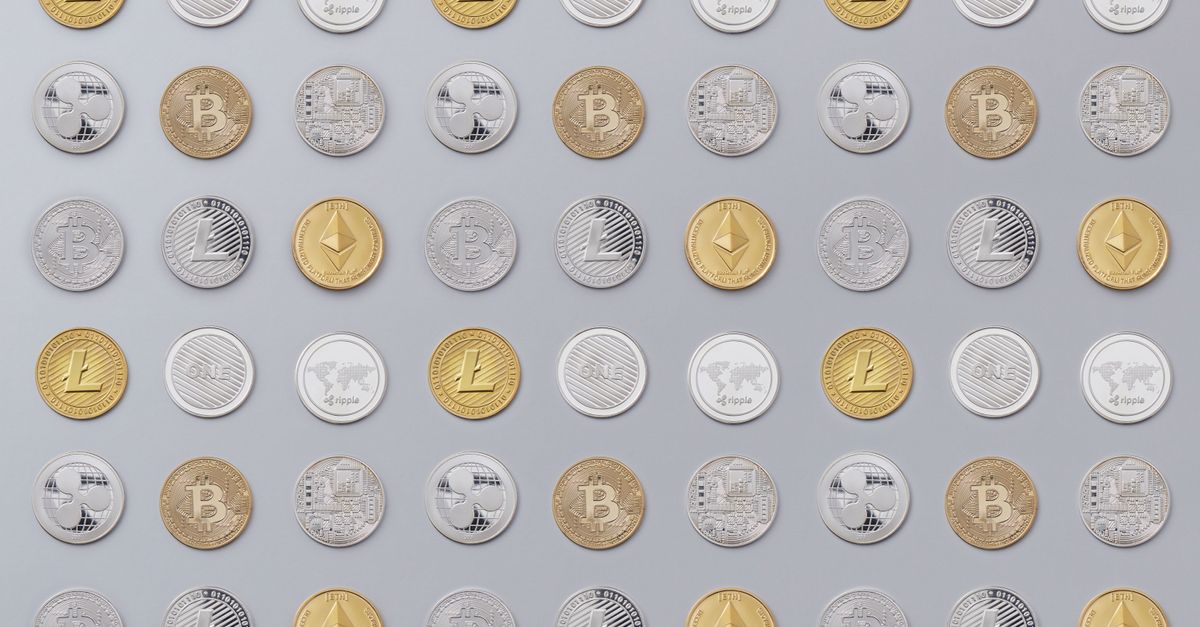 A seamless pattern of various cryptocurrency coins in gold and silver tones.